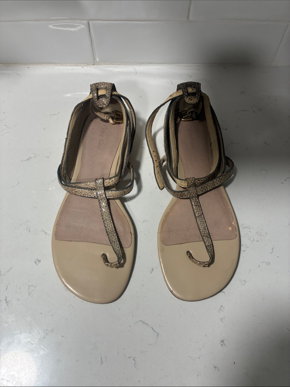 Calvin Klein Beige Snake-Print T-Strap Sandals